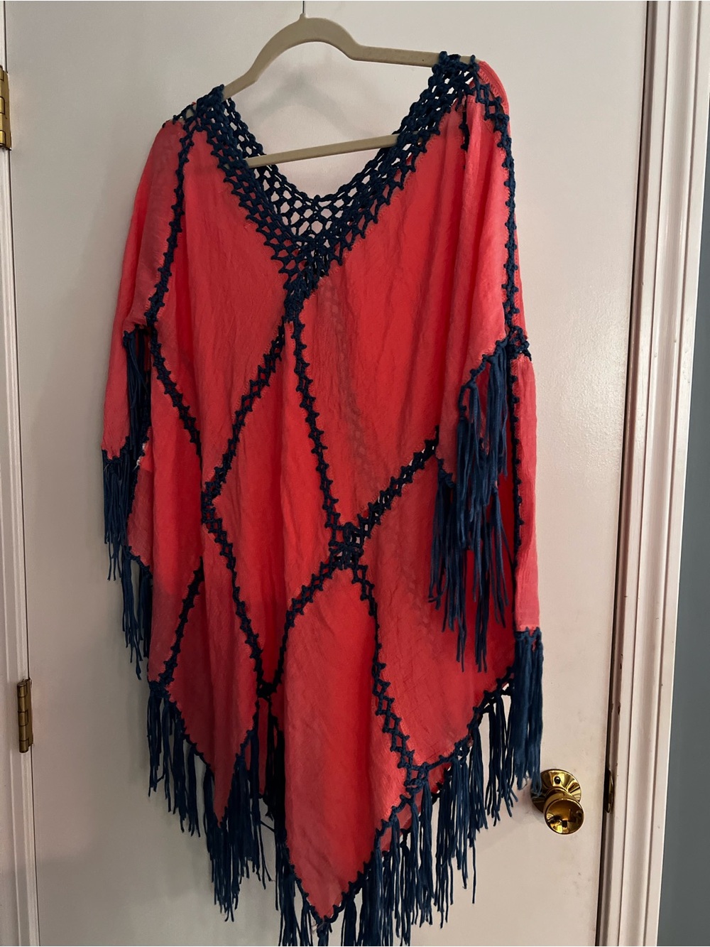 Coral Pink Fringe Crochet Poncho with Navy Trim